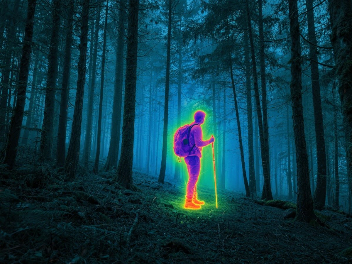 Alt Text:​​ Drone infrared camera with AI tracking locating person in wooded area at night