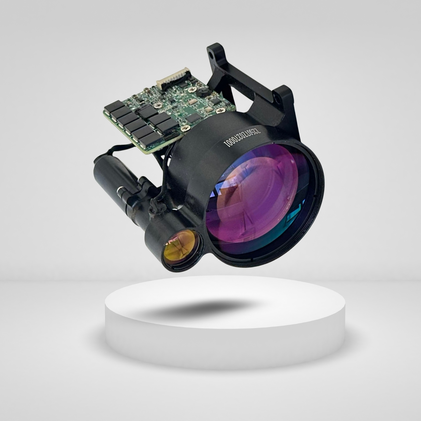 1535nm Laser Rangefinder Module 2000m SFB2000AW A close-up, technical image of the SFB2000AW laser rangefinder module, showing its compact design and laser lens, representing the advanced technology inside professional equipment.